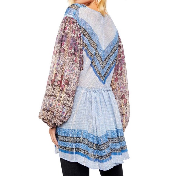 Free People Peasant Tunic Long Sleeve Sheer Top Chic Boho Printed V-neck Overlay - Picture 4 of 16